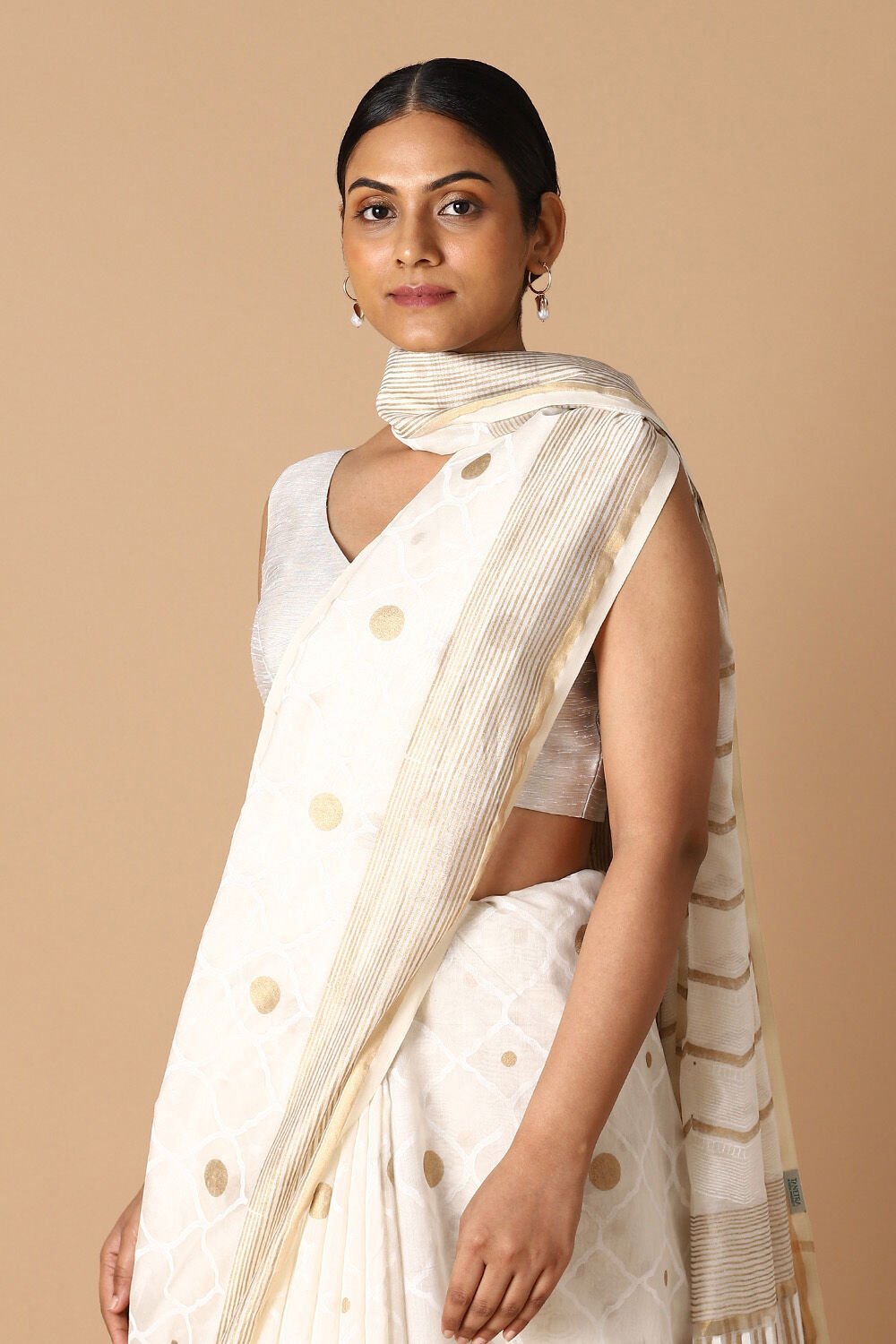 Off White Pure Silk Cotton Hand Printed Saree image number null