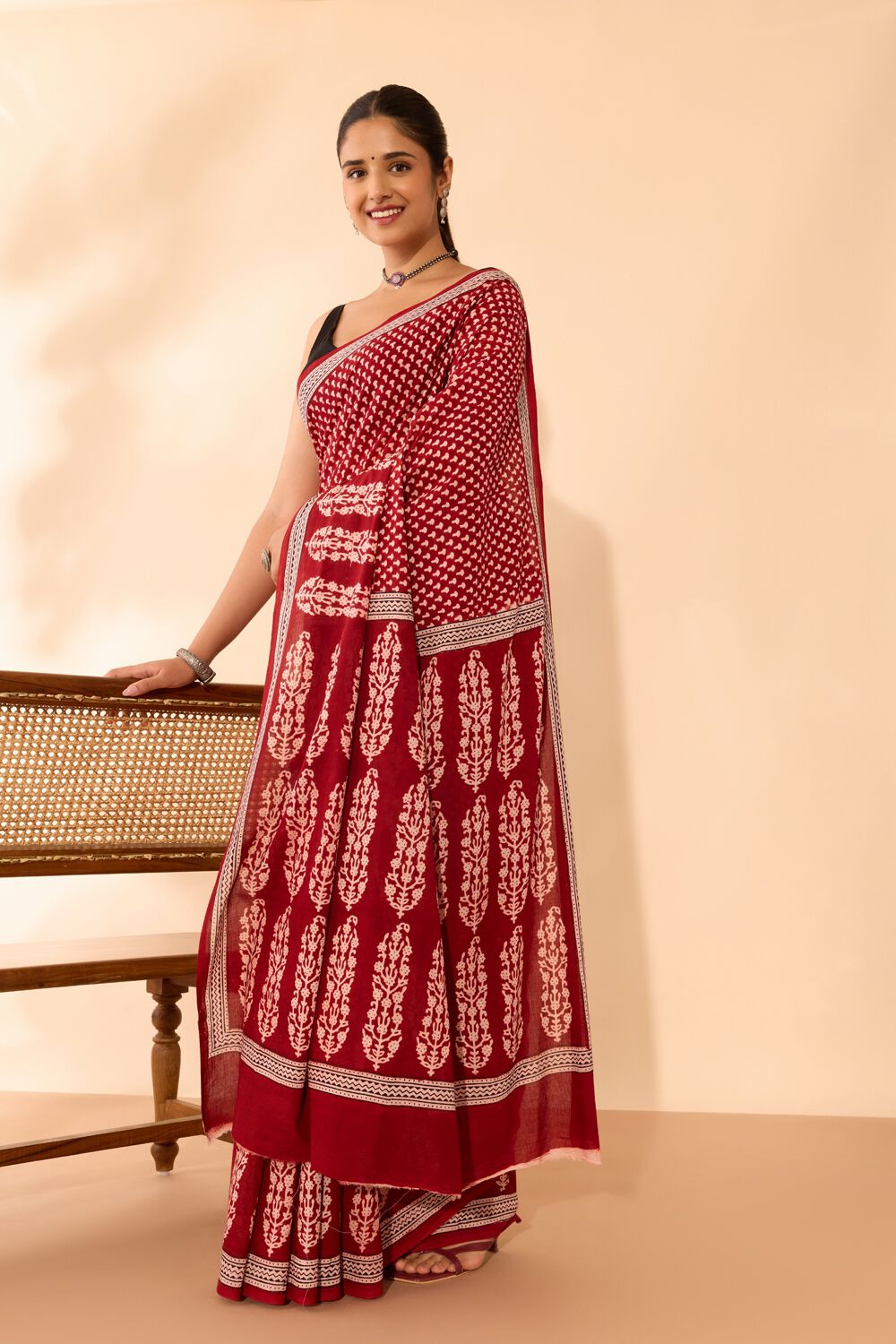 Red Bagh Block Printed Pure Cotton Saree image number null