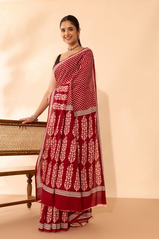 Red Bagh Block Printed Pure Cotton Saree image number