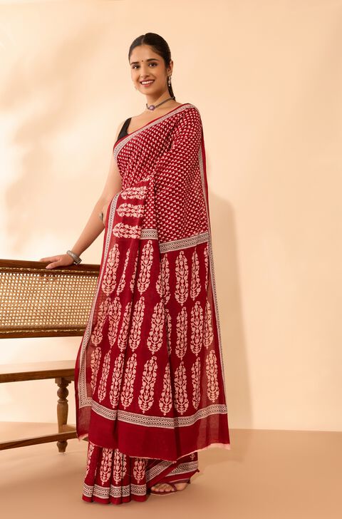 Red Bagh Block Printed Pure Cotton Saree