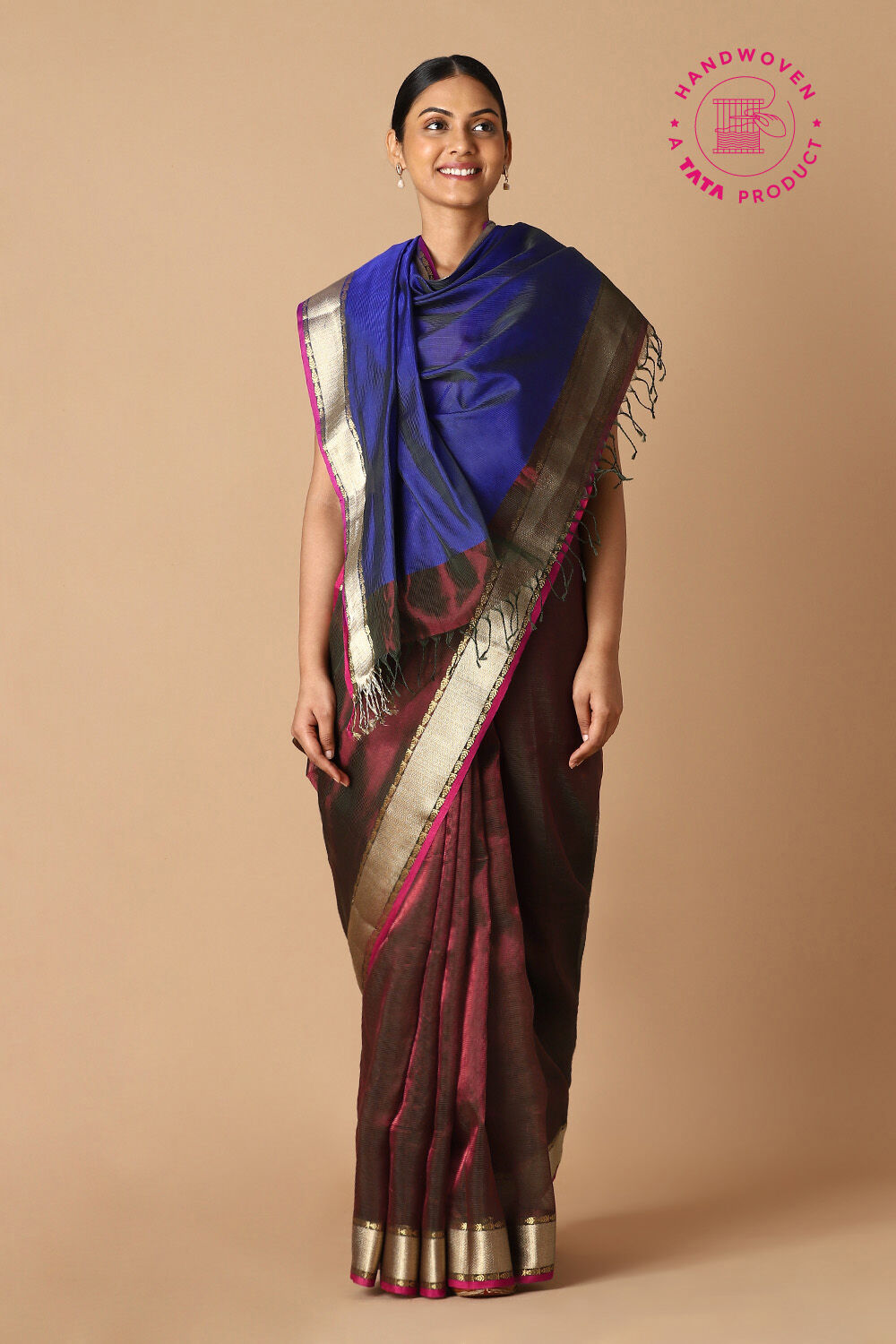 Brown Pure Cotton Tissue Maheswari Saree image number null