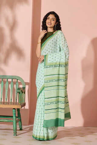 Light Green Block Printed Pure Cotton Bengal Saree thumbnail image number null