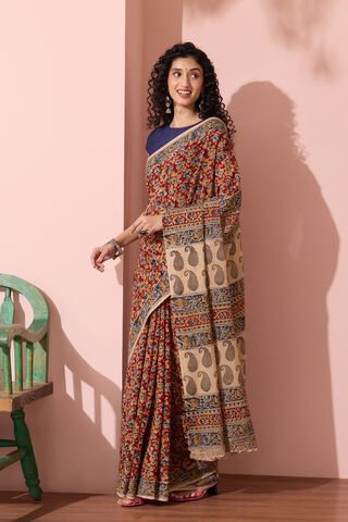 Red Printed Kalamkari Machilipatnam Pure Cotton Saree thumbnail image number null