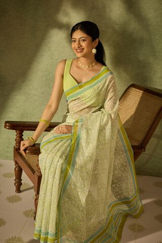 Light Green Rajasthan Pure Silk Cotton Printed Sanganeri Saree image number