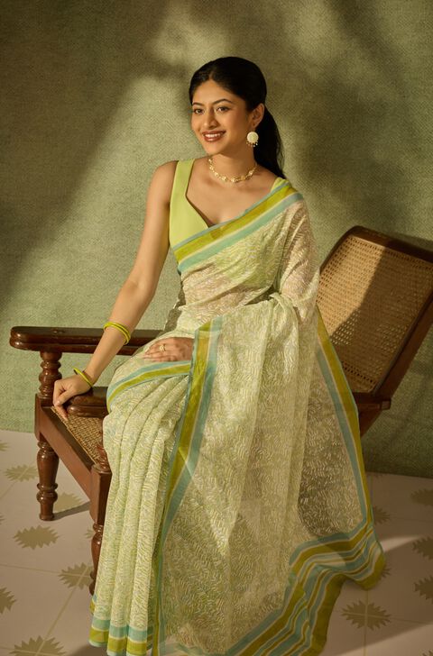 Light Green Rajasthan Pure Silk Cotton Printed Sanganeri Saree