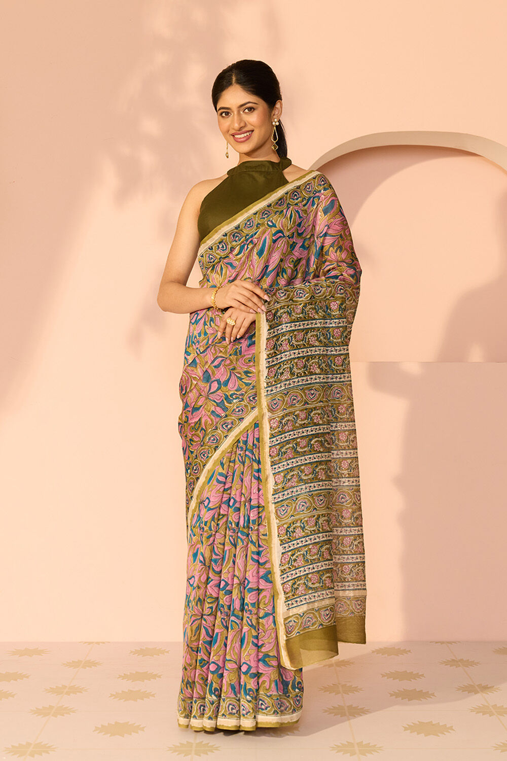 Pink Rajasthan Pure Silk Cotton Printed Sanganeri Saree image number null
