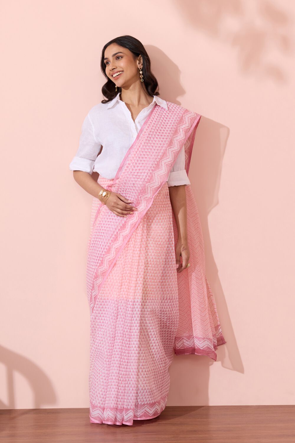 Light Pink Bagru Block Printed Pure Cotton Kota Saree image number null