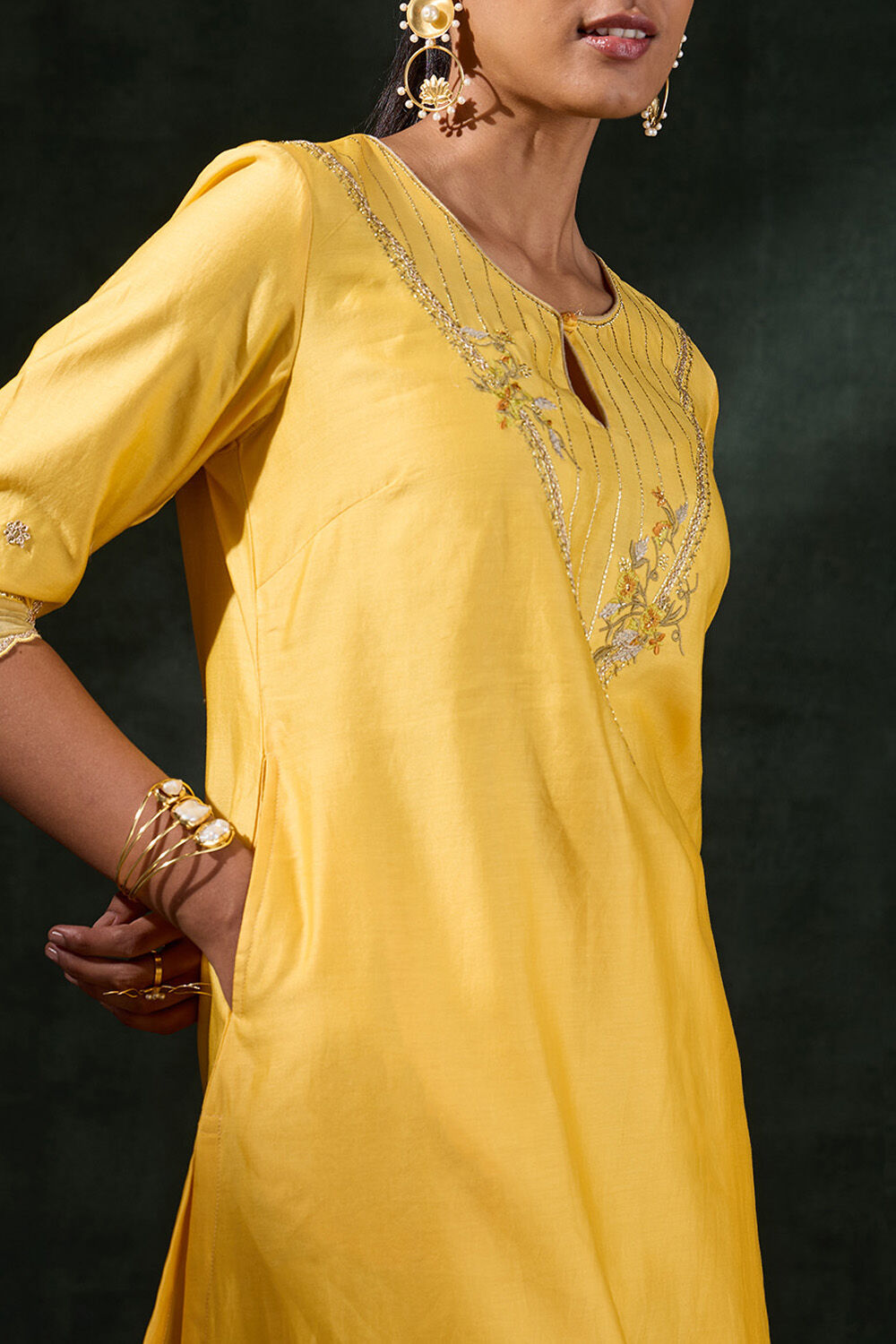 Yellow Pure Silk Cotton Embroidered Kurta image number null
