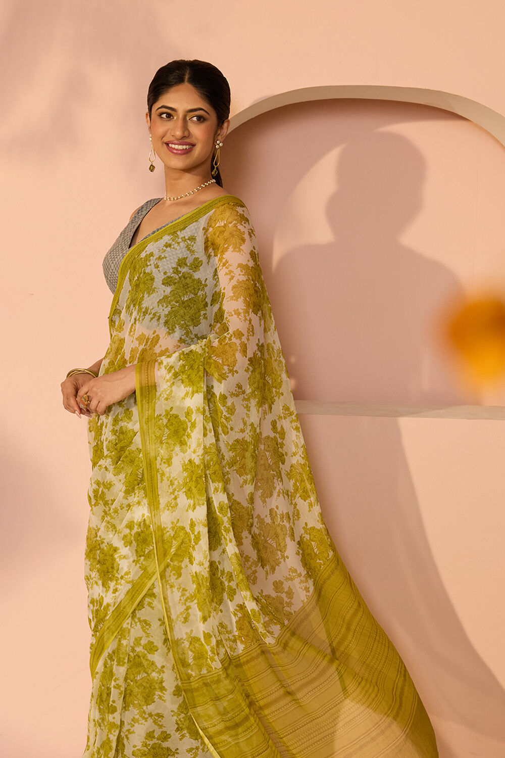 Green Screen Printed Viscose Chiffon Saree image number null