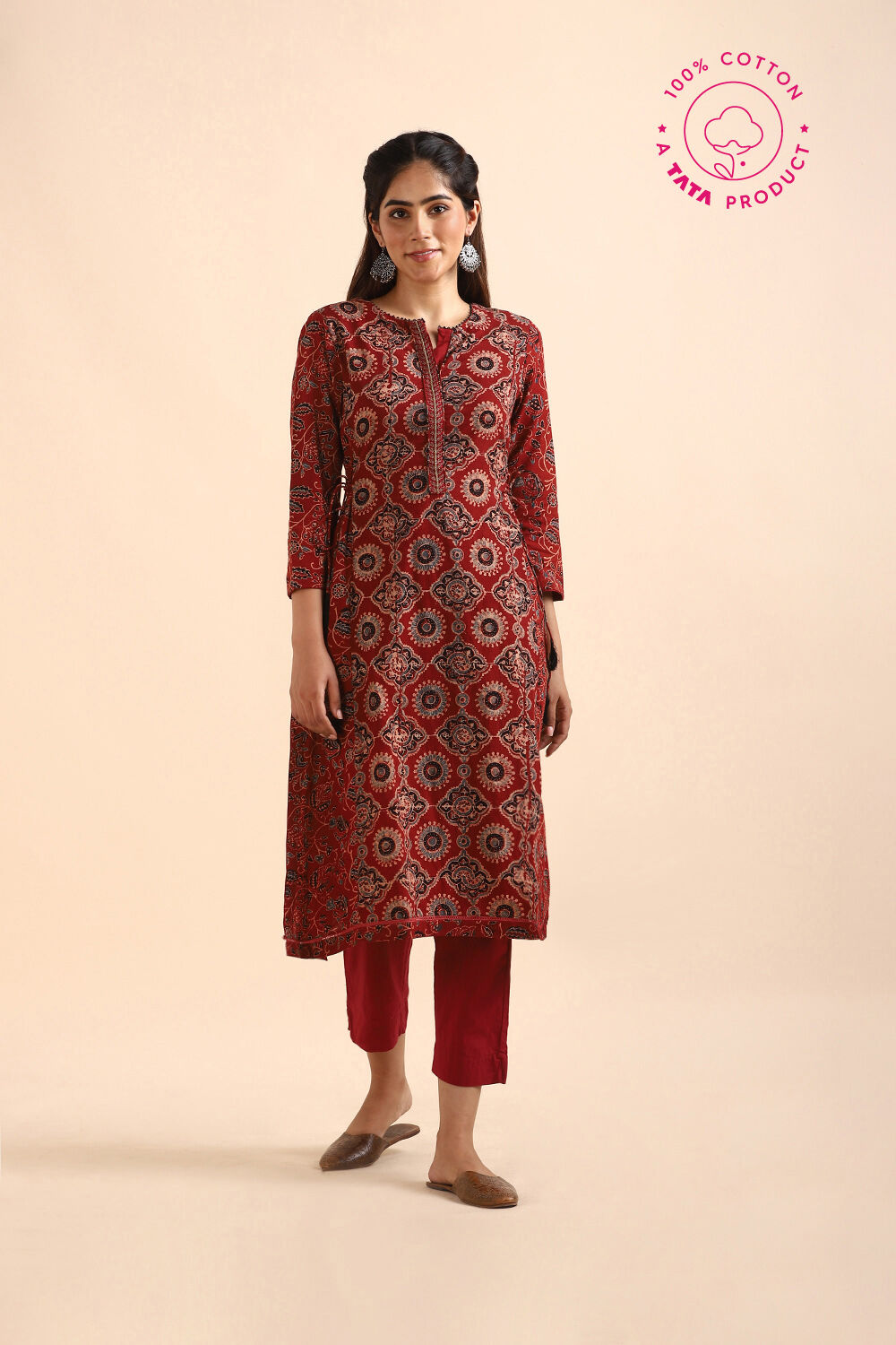 Dark Red Ajrakh Block Printed Cotton Kurta image number null