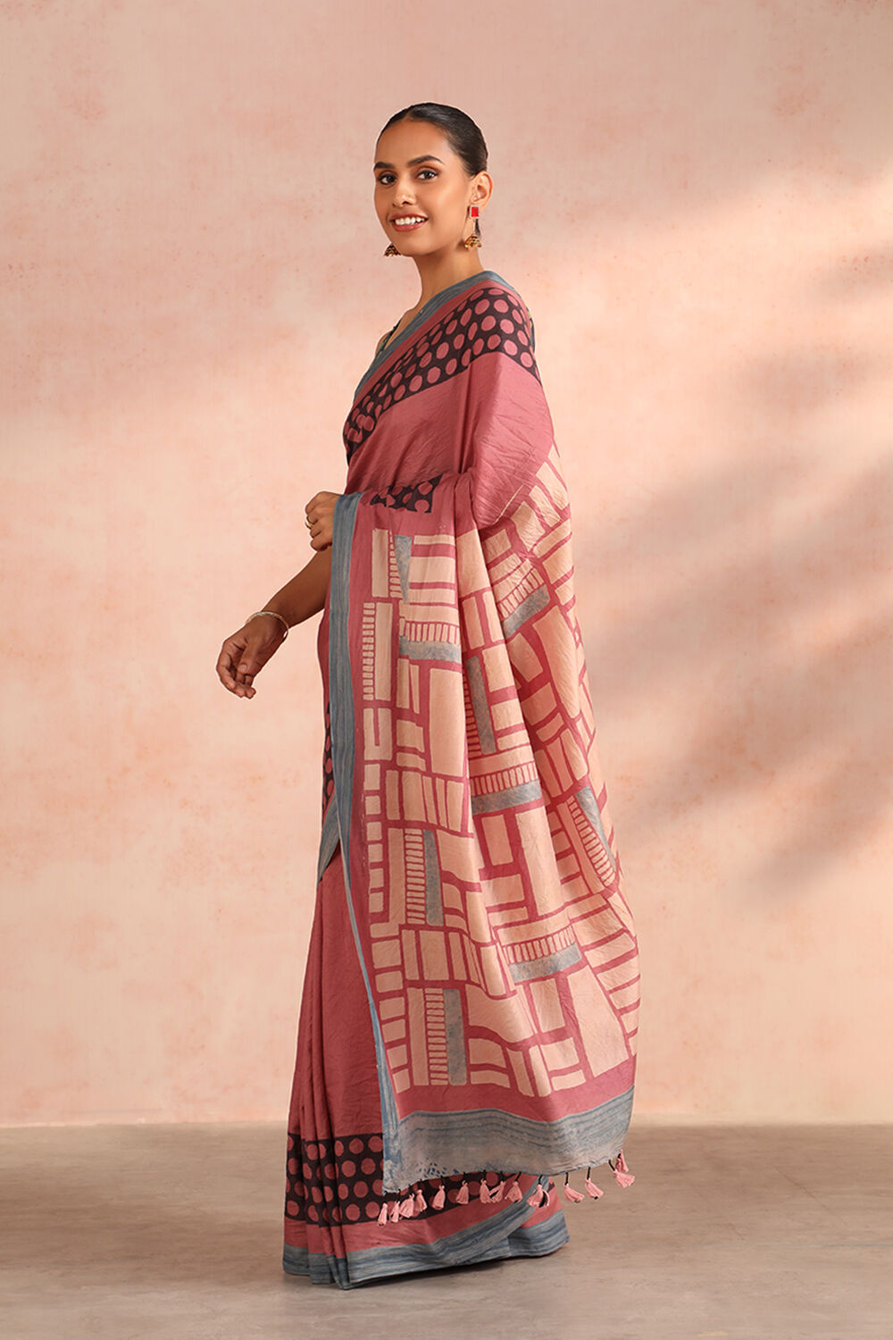Pink Gujarat Pure Silk Ajrakh Block Print Saree image number null