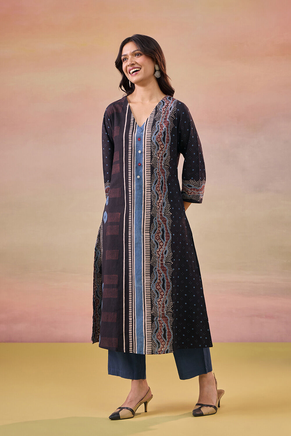 Black Pure Cotton Ajrakh Kurta Set image number null
