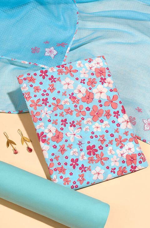 Light Blue Pure Cotton Screen Printed Unstitched Suit Set