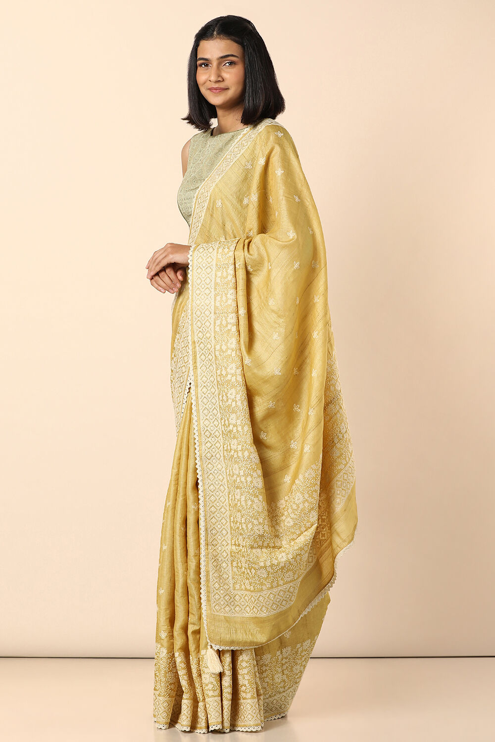 Yellow Embroidered Pure Tussar Saree image number null