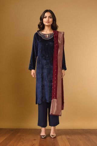 Blue Velvet Embroidered Kurta Set thumbnail image number null