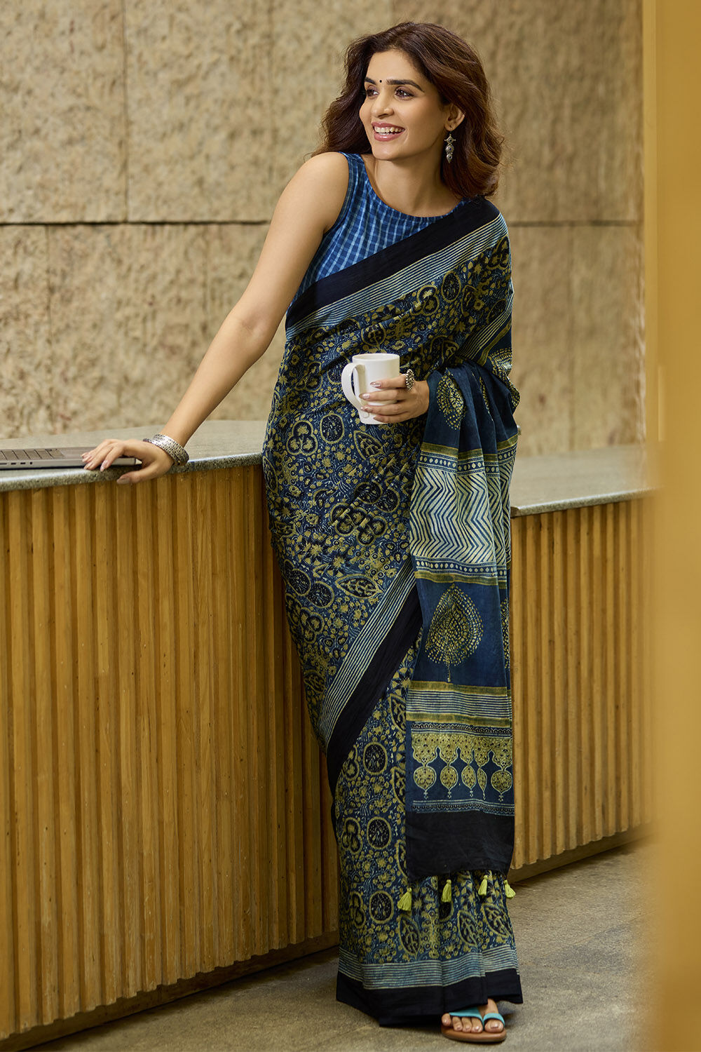 Blue Gujarat Pure Cotton Ajrakh Saree image number null