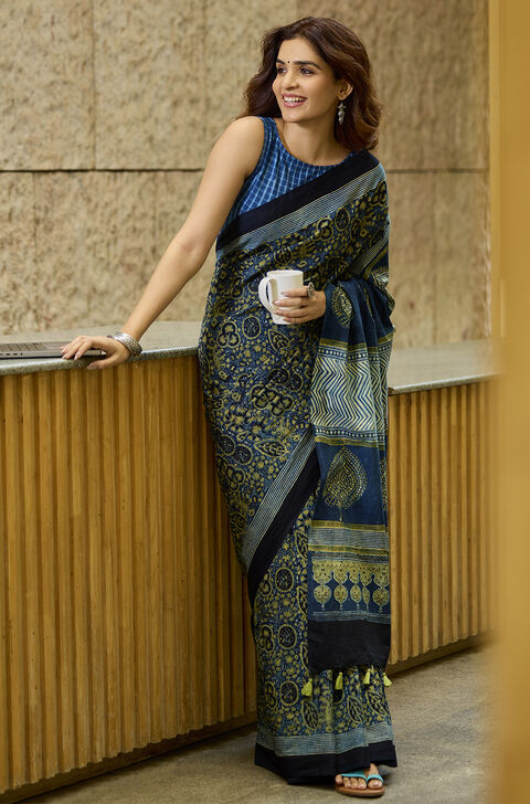 Blue Gujarat Pure Cotton Ajrakh Saree