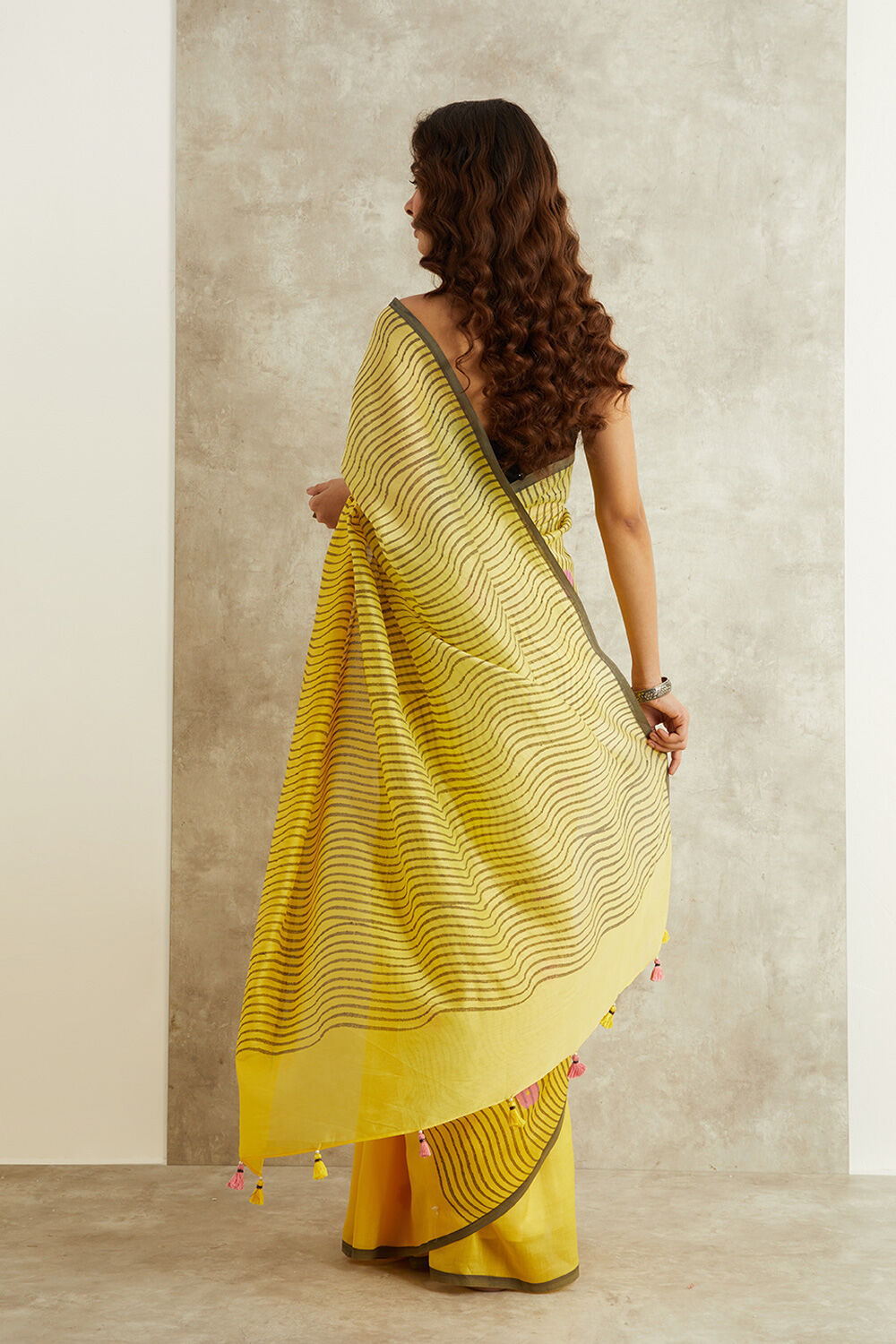 Yellow Block Printed Pure Silk Cotton Bengal Saree image number null