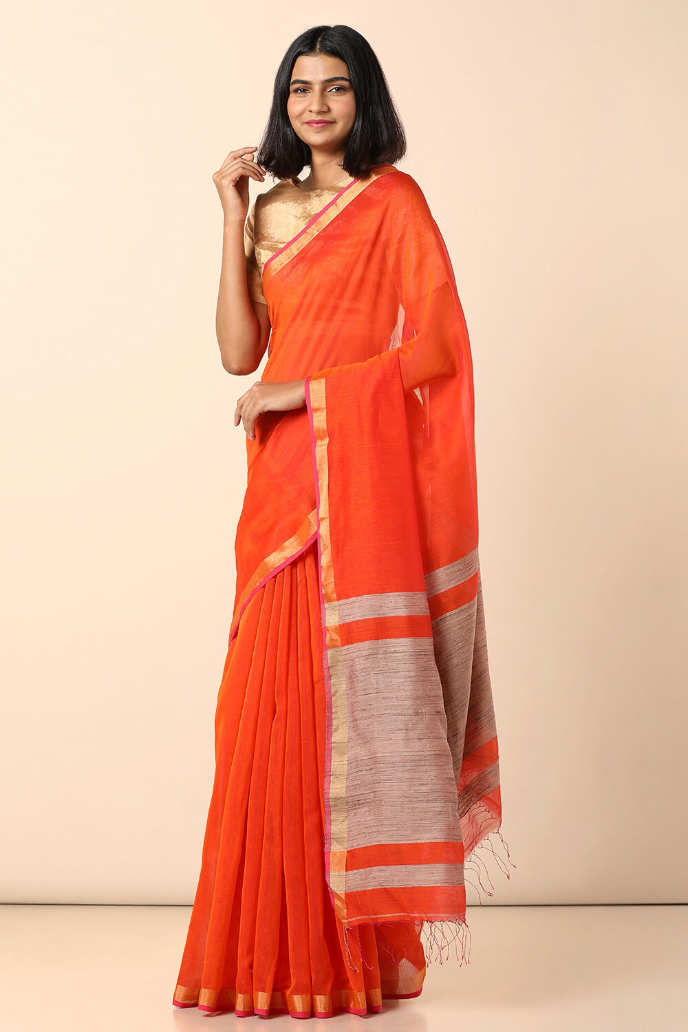 Orange Pure Silk Cotton Bengal Saree image number null