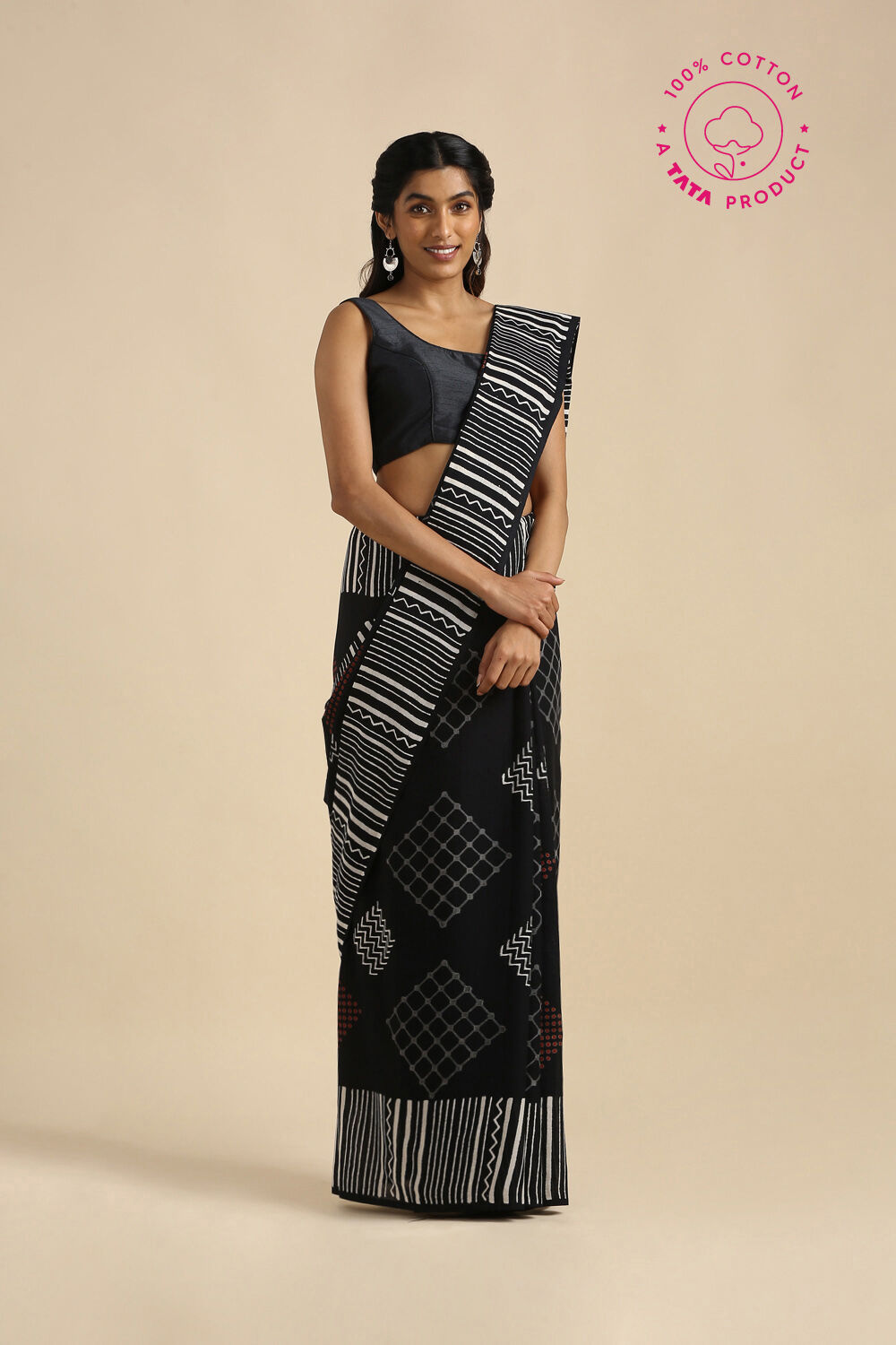 Black Pure Cotton Sanganeri Printed Saree image number null