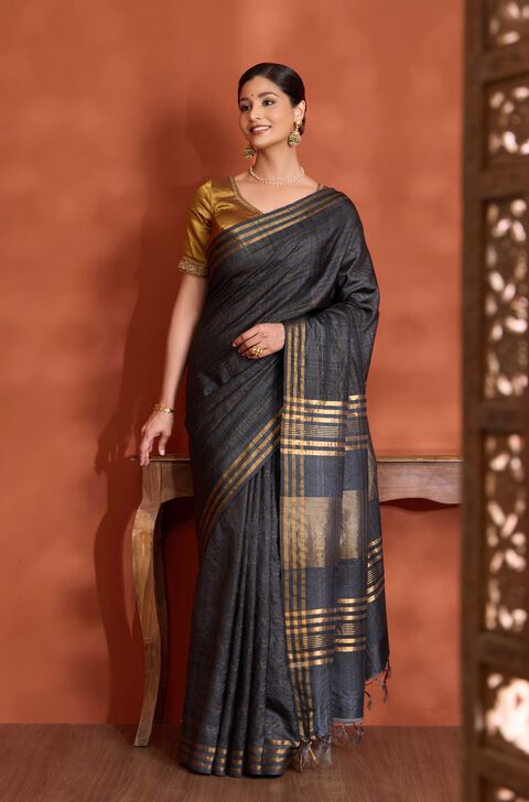 Black Bhagalpur Woven Pure Tussar Silk Saree