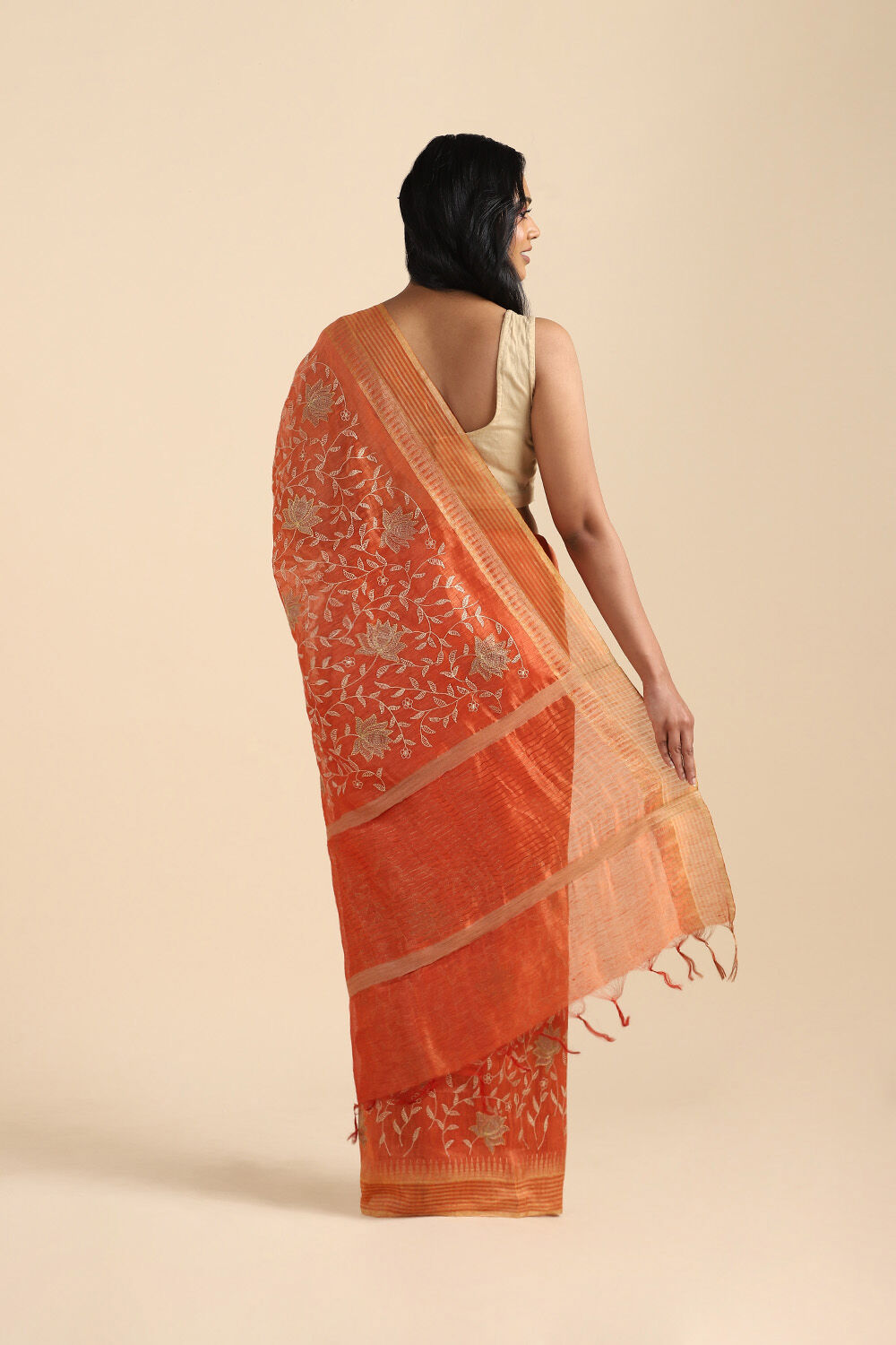 Dark Orange Pure Silk Linen Embroidered Saree image number null