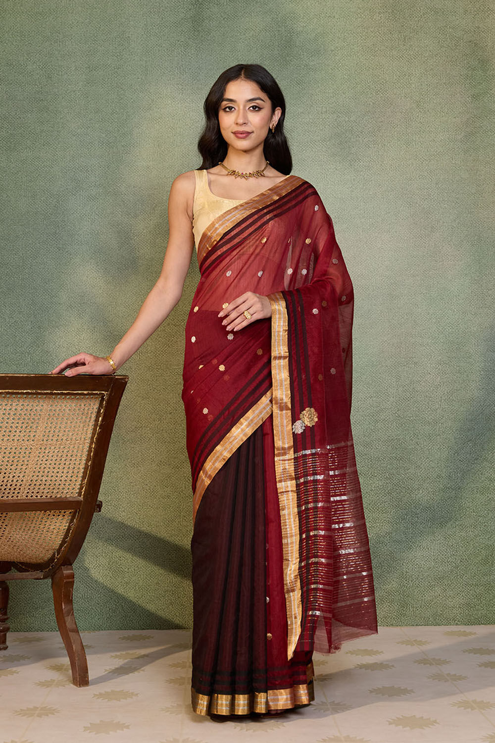 Dark Red Woven Pure Silk Cotton Chanderi Saree image number null