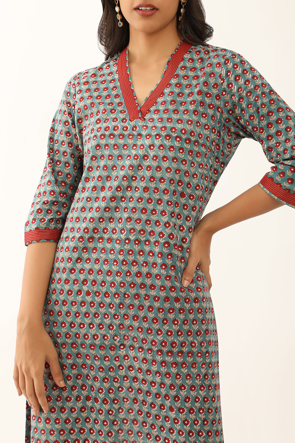 Green Pure Cotton Block Printed Kurta with Embroidery image number null