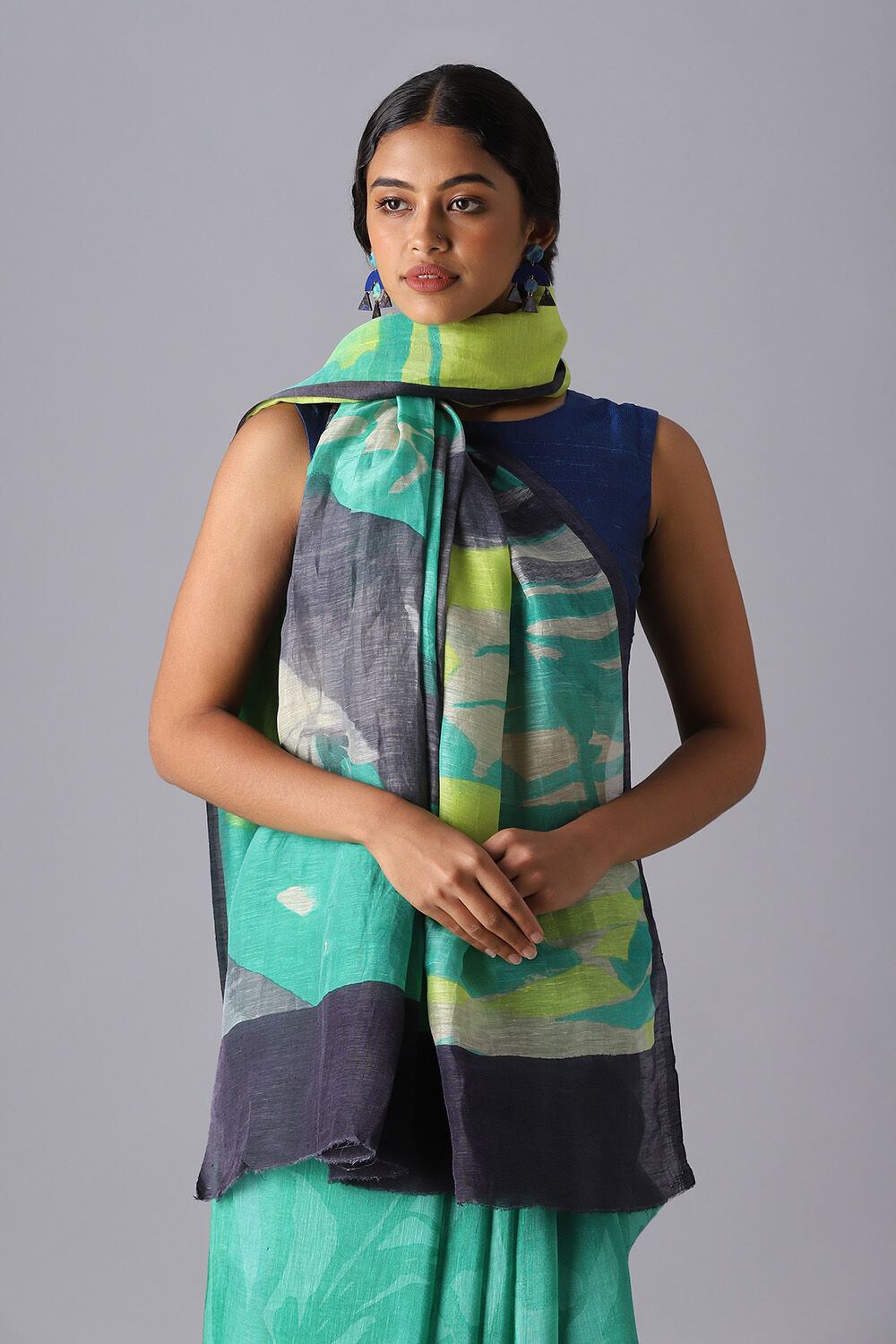 Green Pure Silk Linen Printed Saree image number null
