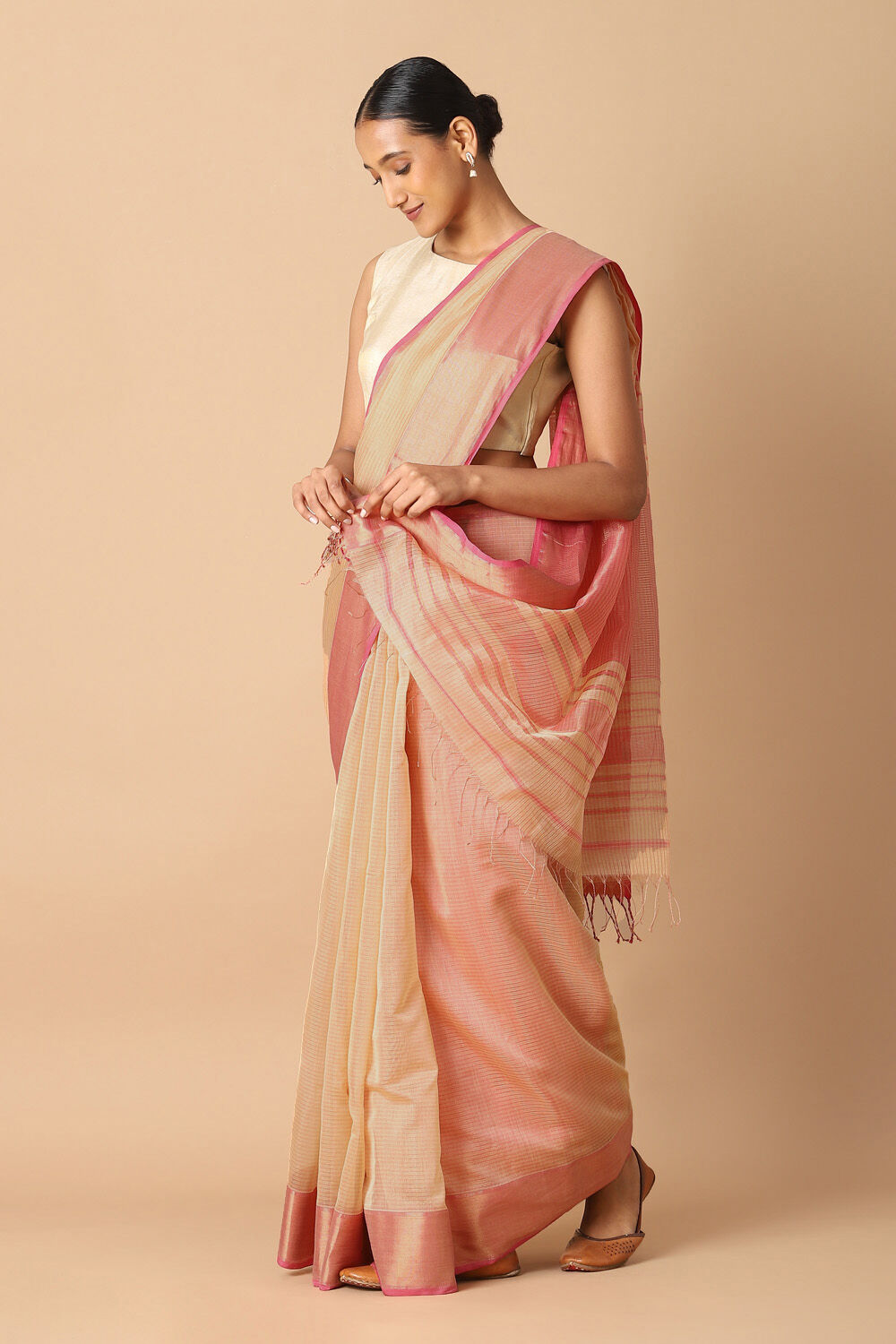 Beige Pure Cotton Tissue Maheswari Saree image number null