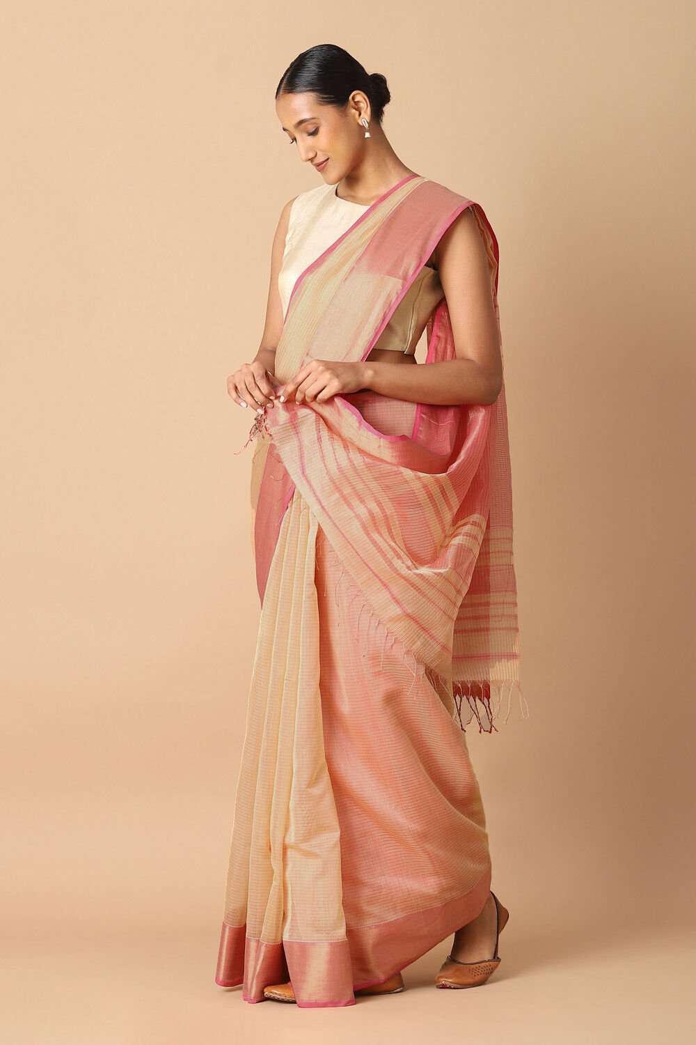 Beige Pure Cotton Tissue Maheswari Saree image number null