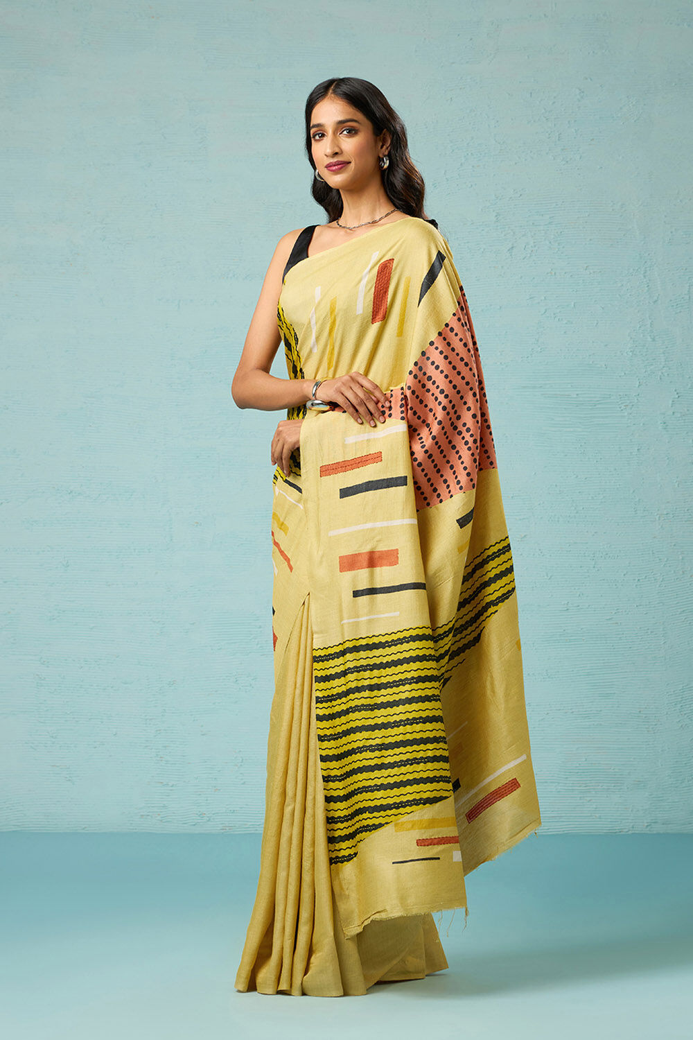 Yellow Chattisgarh Block Printed Pure Tussar Silk Saree image number null