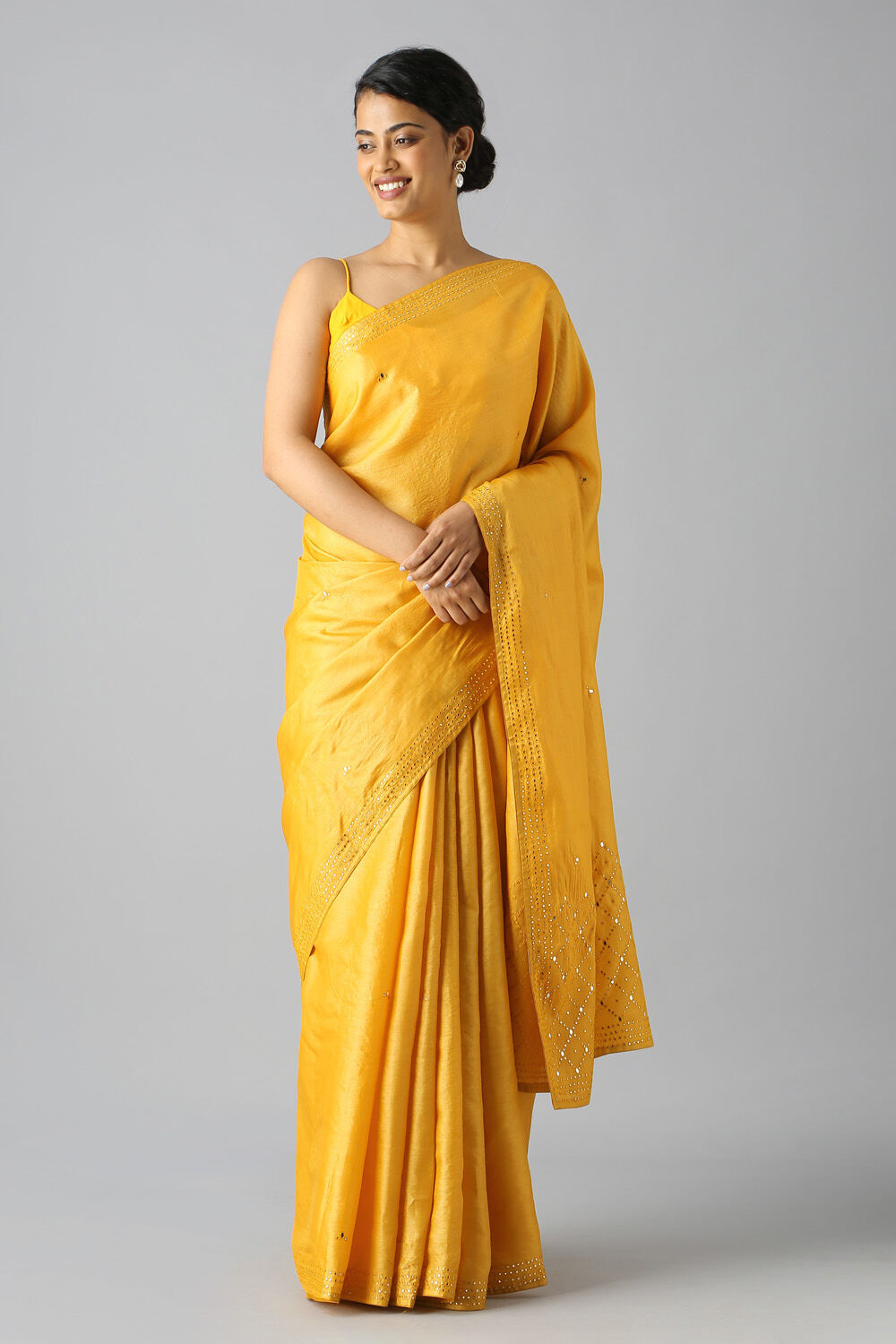 Yellow Pure Tussar Silk Embroidered Saree image number null