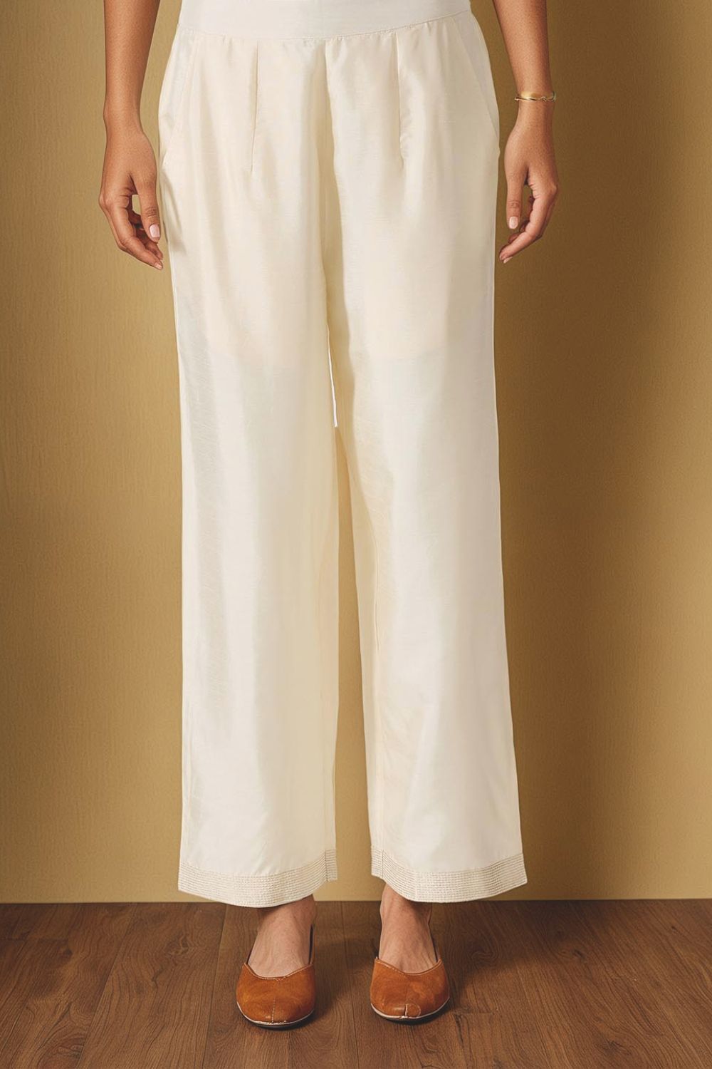 Off White Viscose Embroidered Trouser image number null