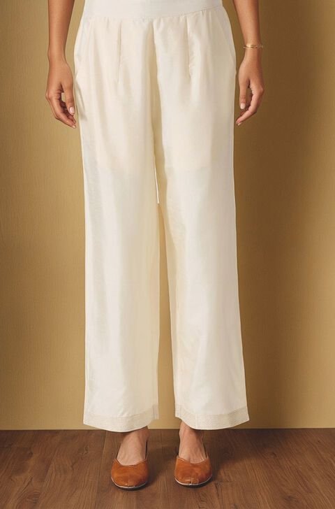 Off White Viscose Embroidered Trouser