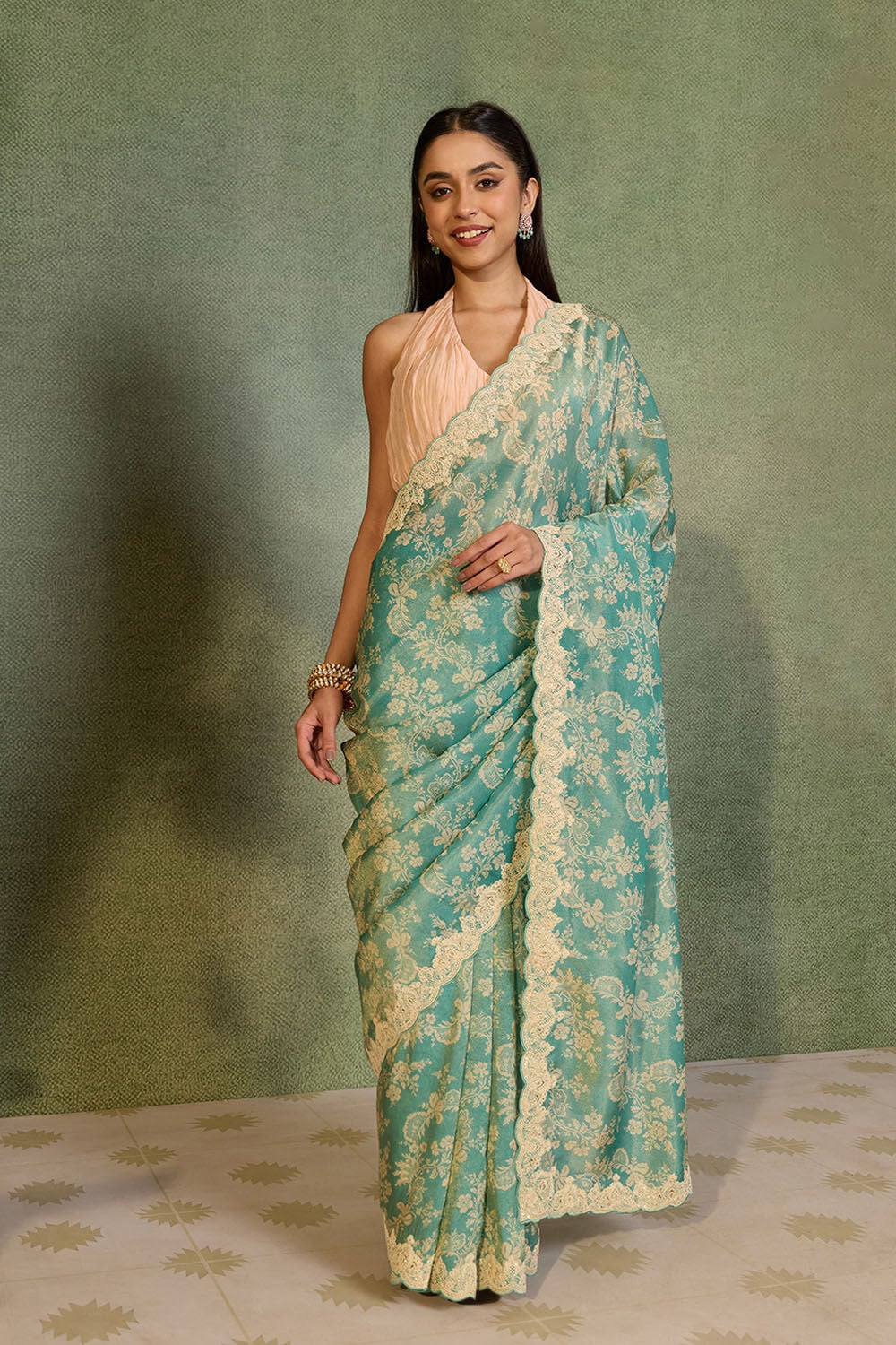 Blue Viscose Tissue Embroidered Saree image number null
