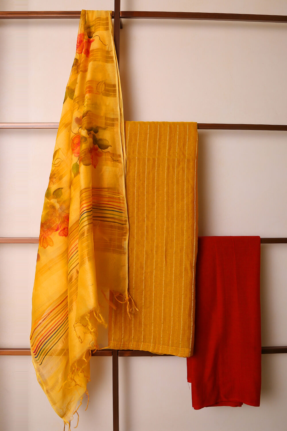 Yellow Pure Silk Cotton Suit Set image number null