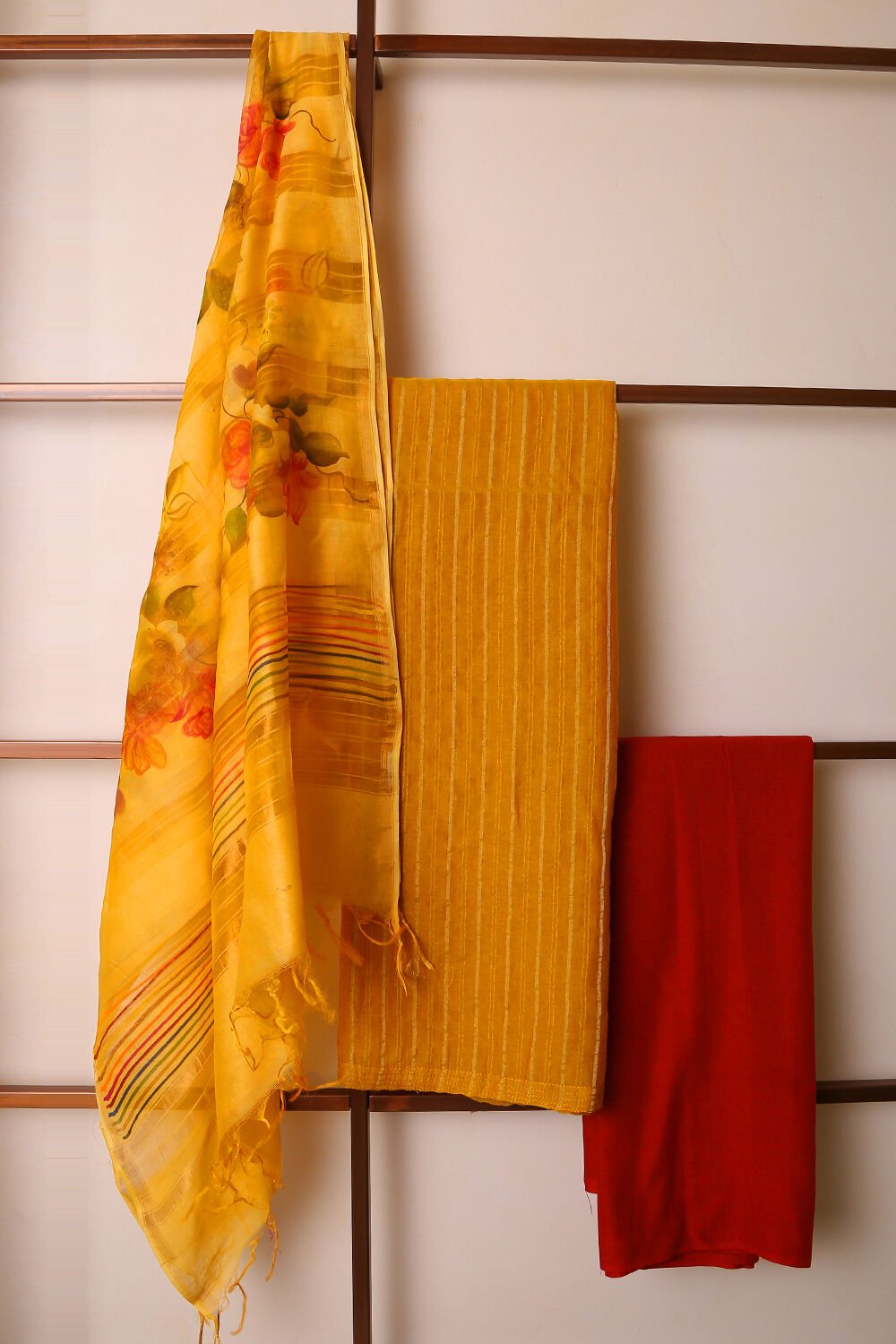 Yellow Pure Silk Cotton Suit Set image number null