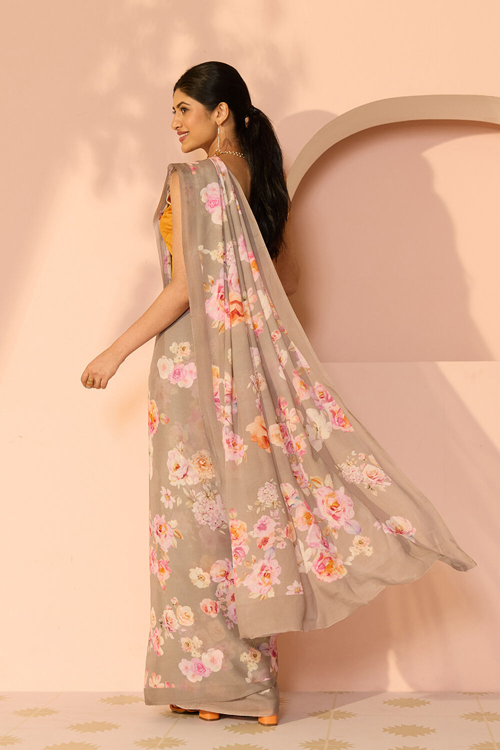 Grey Printed Viscose Crepe Saree image number null