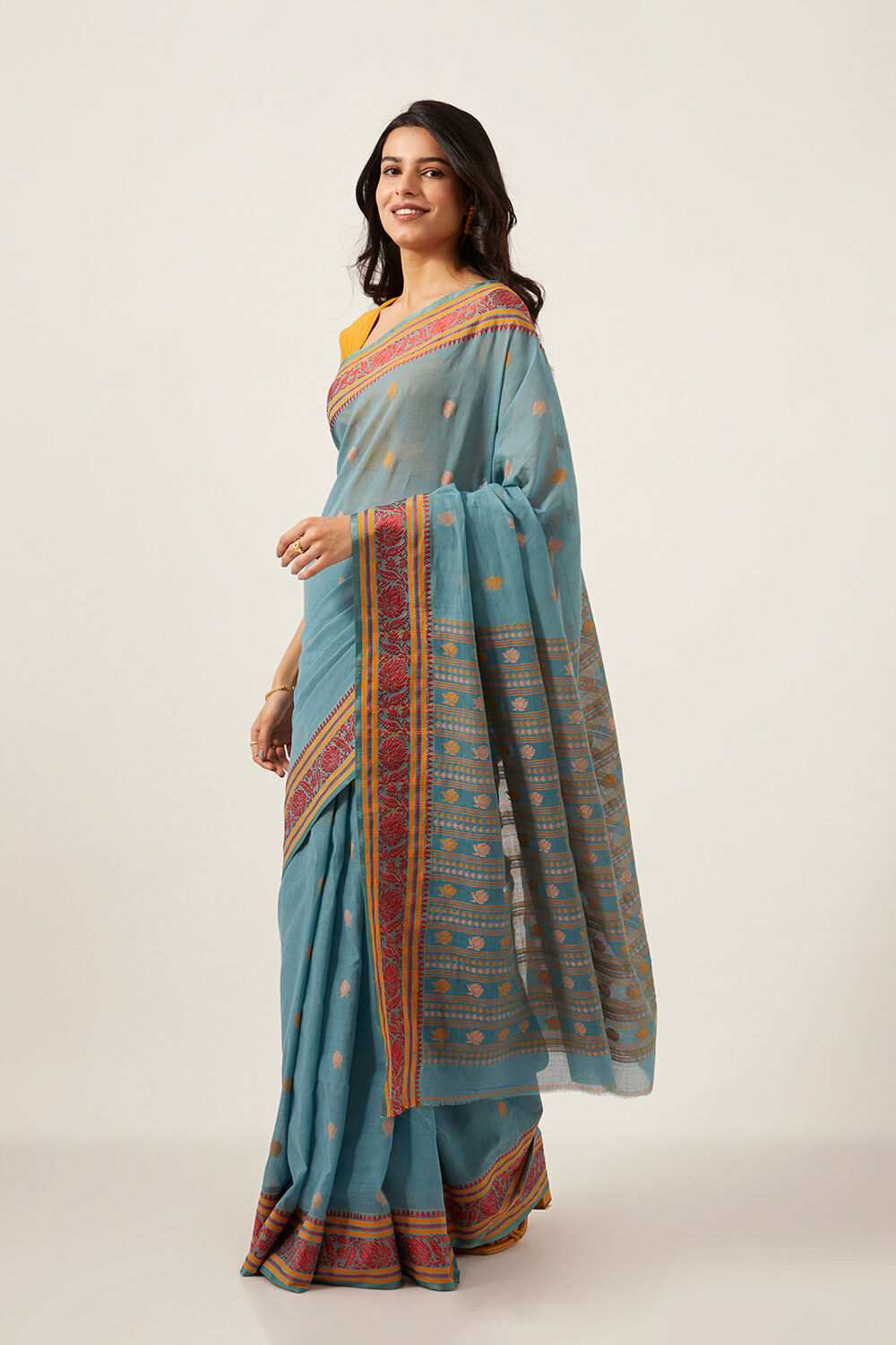 Blue Pure Cotton Jamdani Saree image number null