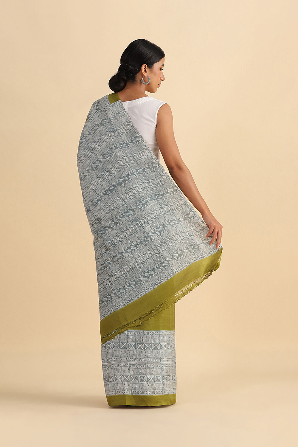 Light Green Hand Blockprinted Pure Silk Saree image number null