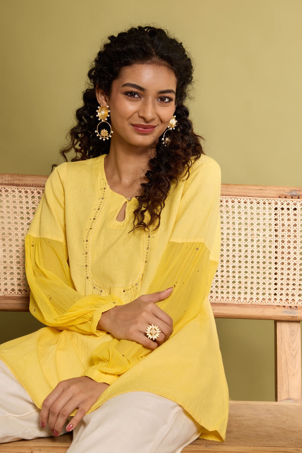 Yellow Pure Cotton Linen Mukaish Embroidered Short Top image number null