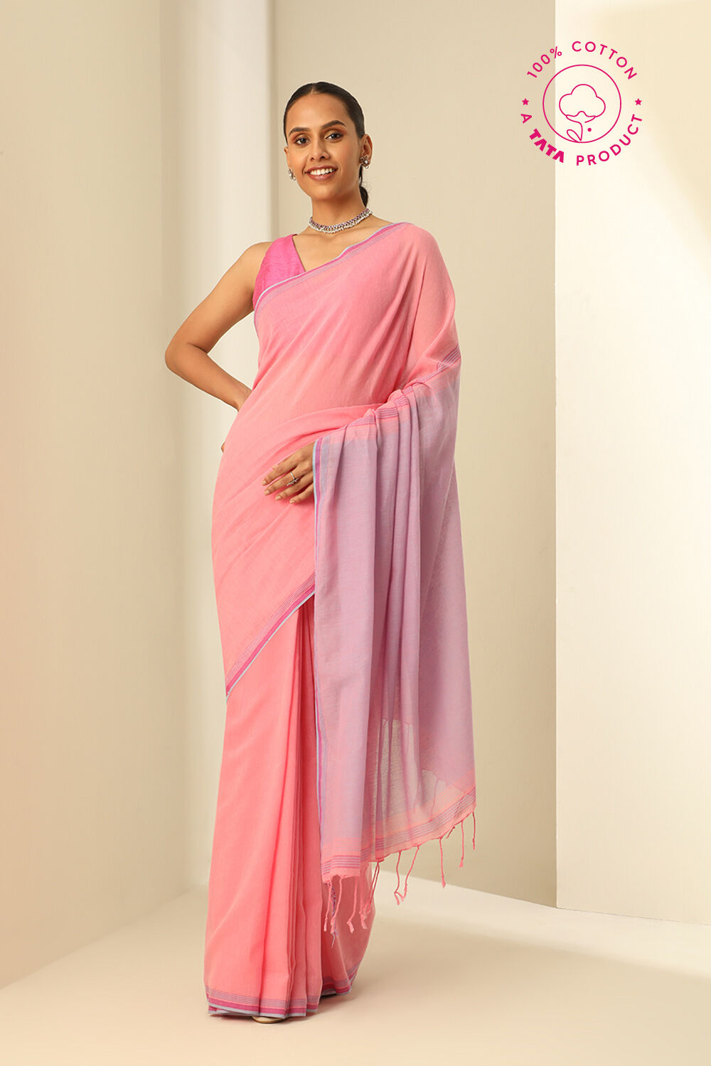 Pink Pure Cotton Woven Bengali Saree image number null