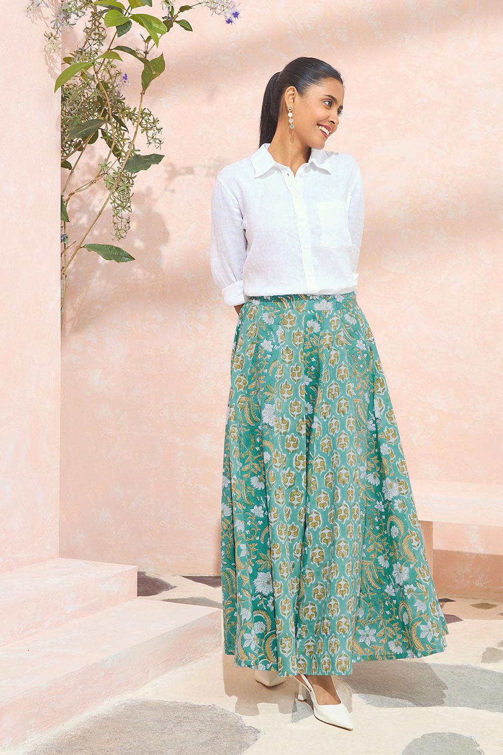 Green Block Printed Pure Cotton Skirt image number null