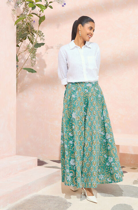 Green Block Printed Pure Cotton Skirt