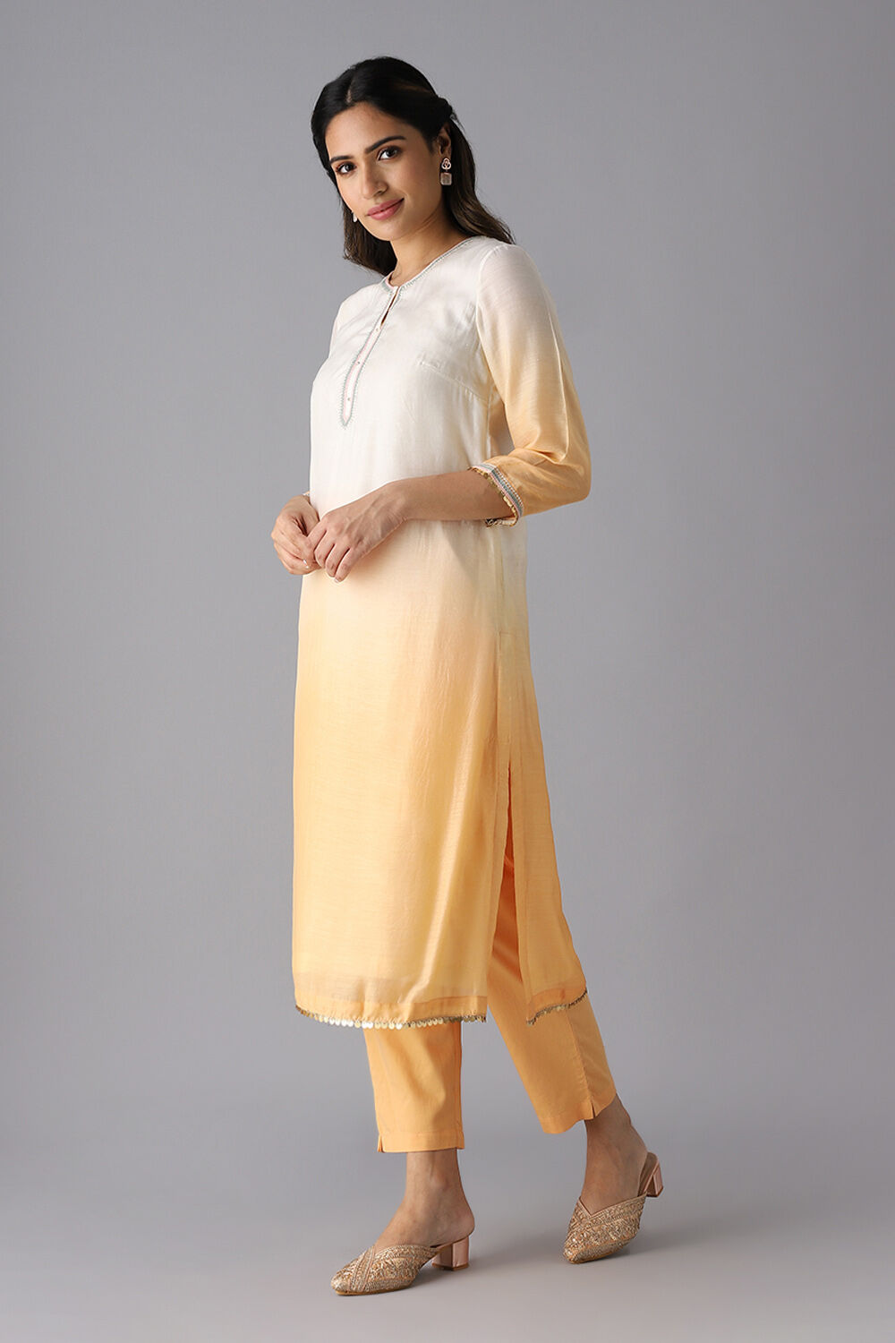 Off White and Light Orange Viscose Embroidered Kurta Set image number null