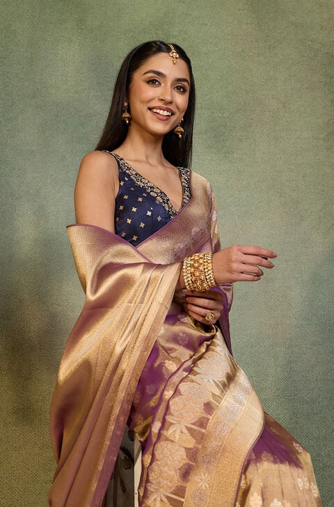Purple Woven Viscose Tissue Saree