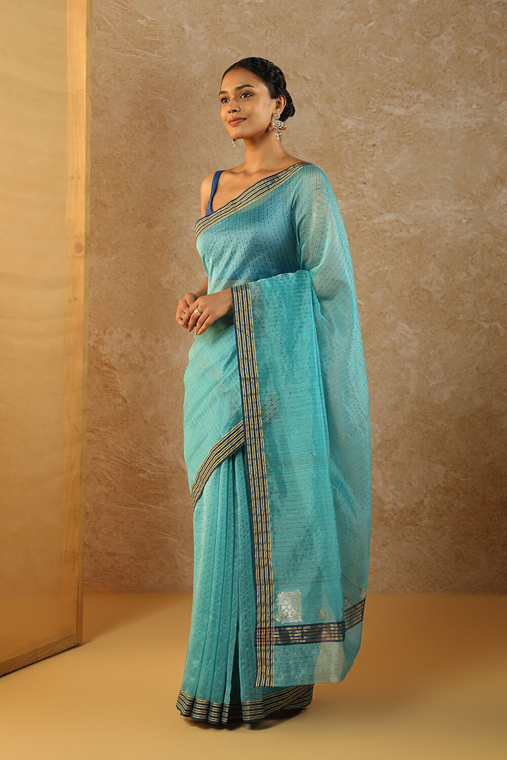 Navy Woven Pure Silk Cotton Chanderi Saree image number null