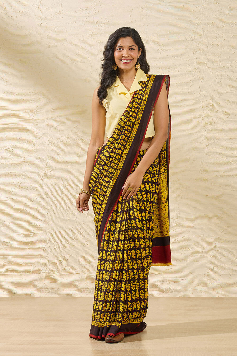 Yellow Bagh Block Printed Pure Cotton Saree image number null