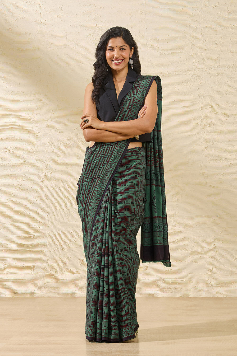 Dark Green Bagh Block Printed Pure Cotton Saree image number null